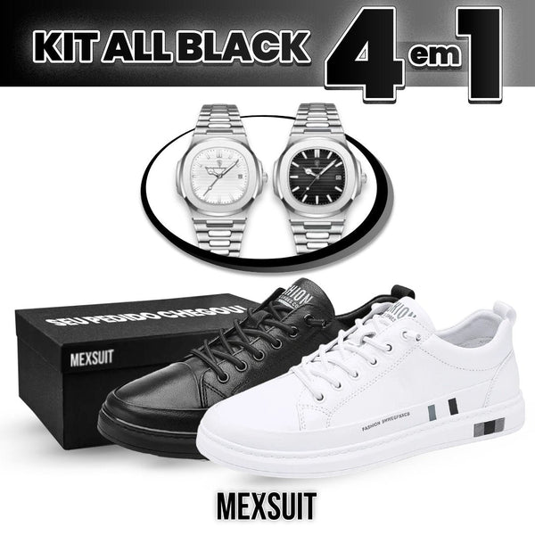 [PAGUE 1 LEVE 4] Kit All Black: 2 Tênis Flat Neo de Couro Legítimo e 2 Relógios Premium