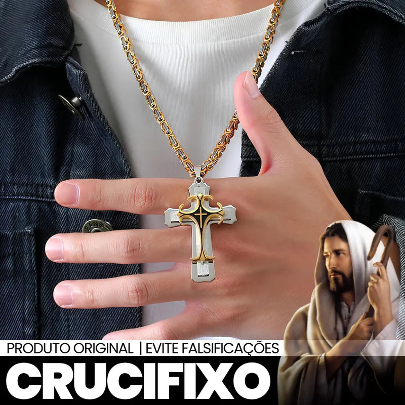 Colar Crucifixo do Templo - Titânio, Folheado a Ouro e Manto de Zircônia